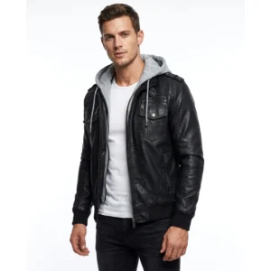 Men’s Black Biker Hood Leather Jacket