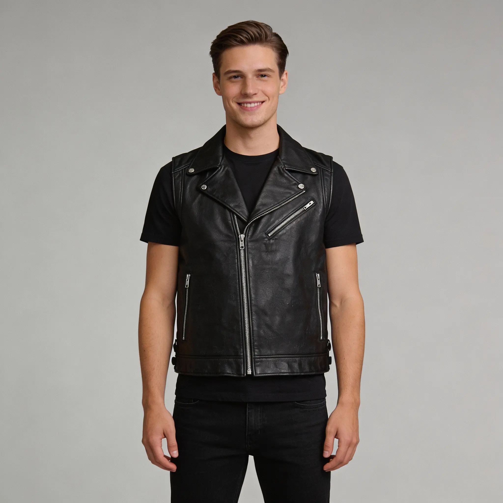 men-black-biker-zipper-leather-vest-closed-front