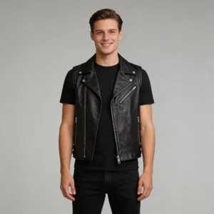 Men’s Black Biker Zipper Leather Vest