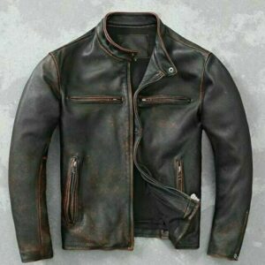 Men Black Motorcycle Vintage Cafe Racer Leather Jacket