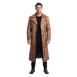 Men’s Brown Distressed Leather Duster Trench Coat