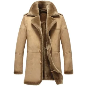 Men Brown Long Fur Shearling Sheepskin Leather Coat