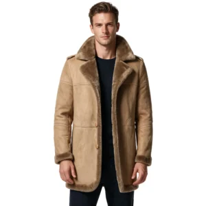 Men’s Brown Long Fur Shearling Sheepskin Leather Coat
