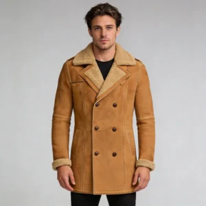 Men’s Brown Shearling Sheepskin Leather Pea Coat