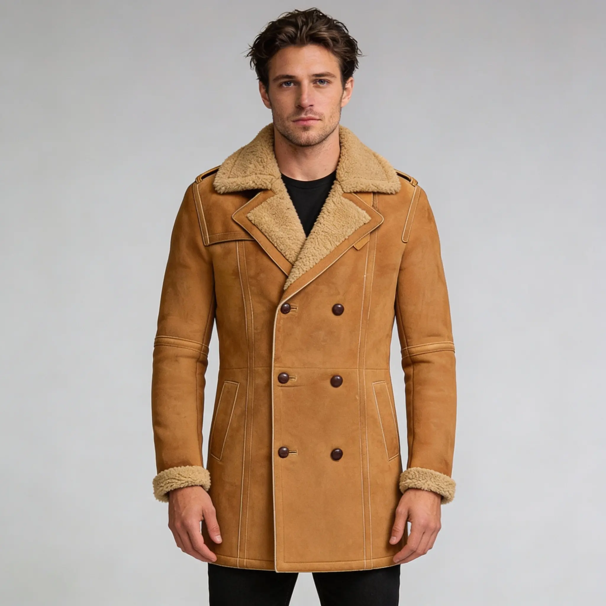 men-brown-shearling-sheepskin-leather-pea-coat-closed-front