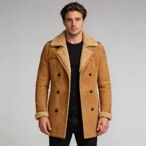 Men’s Brown Shearling Sheepskin Leather Pea Coat