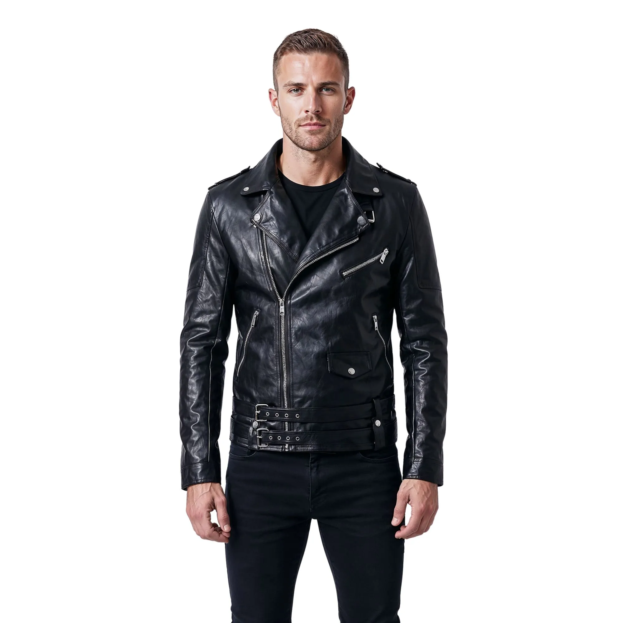 Men's Relic Black Biker Leather Jacket - Image 2