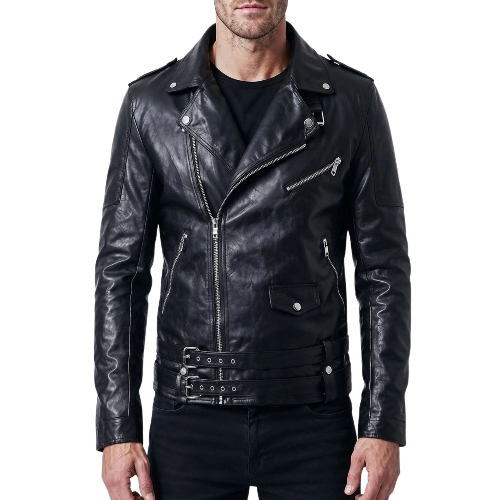 Men's Relic Black Biker Leather Jacket - Image 3