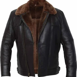 Men’s Black Aviator Bomber Fur Shearling Sheepskin Leather Jacket