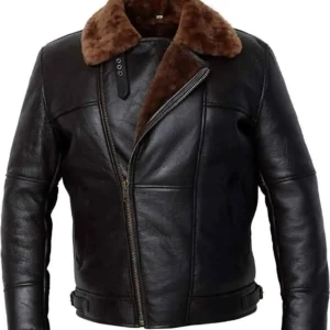 Men Black Aviator Bomber Fur Shearling Sheepskin Leather Jacket