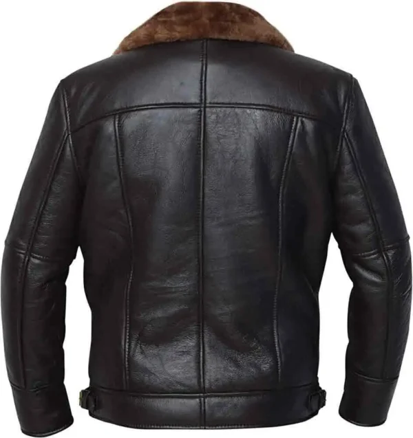 Men Black Aviator Bomber Fur Shearling Sheepskin Leather Jacket from back