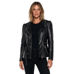 Women’s Black Belted Biker Leather Jacket