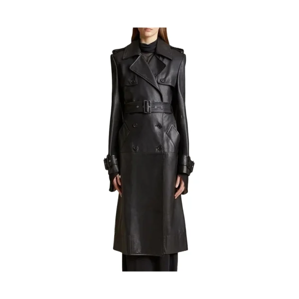 Women's Black Belted Leather Trench Coat