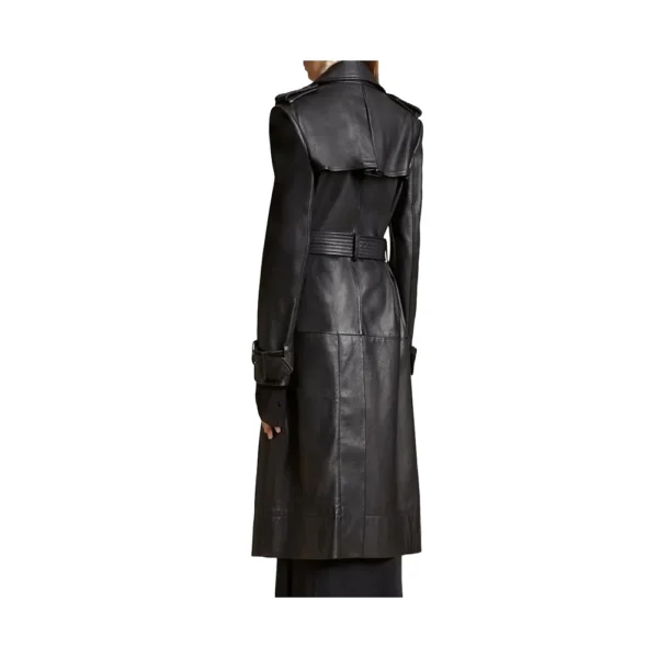 Women's Black Belted Leather Trench Coat - Image 2