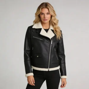 Women’s Black Biker Shearling Aviator Leather Jacket
