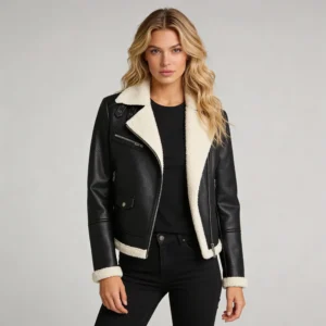 Women’s Black Biker Shearling Aviator Leather Jacket