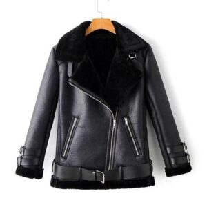 Women Black Fur Aviator Leather Jacket