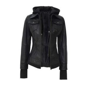 Women’s Black Hooded Leather Jacket