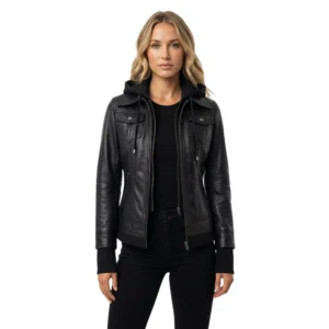 Women’s Black Hooded Leather Jacket