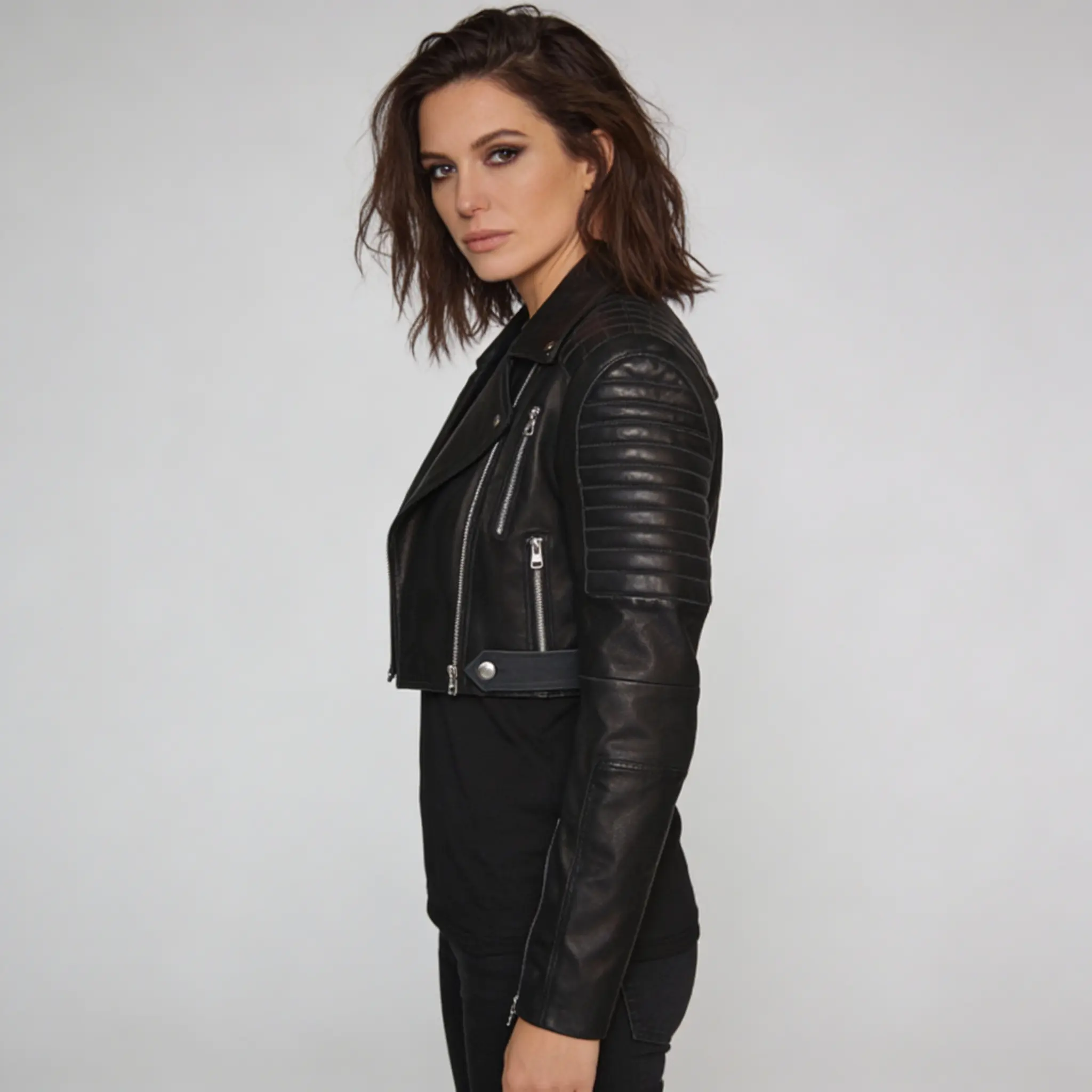 Women's Black Short Cropped Biker Leather Jacket - Image 4