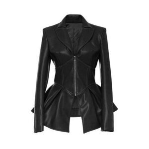 Women Black Zip Winter Leather Coat