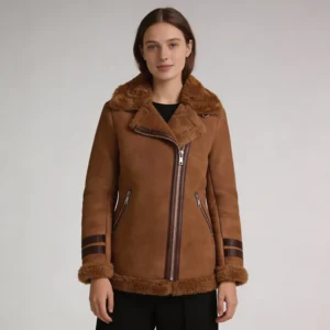 Women’s Brown Shearling Biker Suede Aviator Leather Jacket