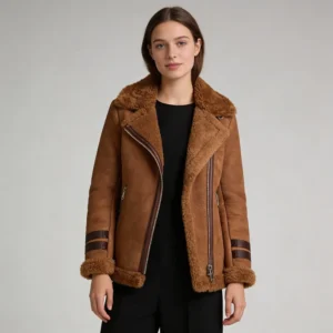 Women’s Brown Shearling Biker Suede Aviator Leather Jacket