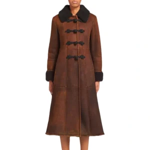 Women’s Brown Shearling Trim Midi Leather Coat