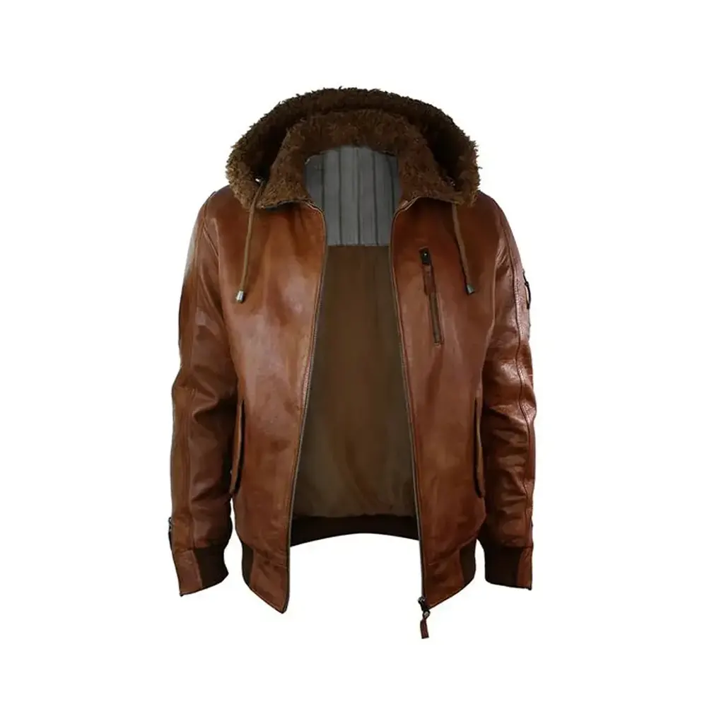 Men Brown Hood Aviator Vintage Leather Jacket | Urban Leather Jackets