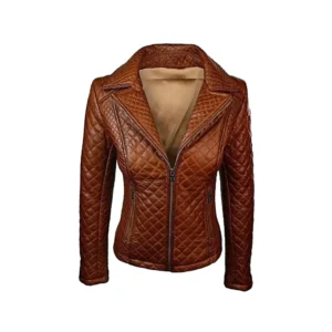 Women Tan Brown Quilted Sheepskin Leather Jacket