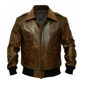 Aviator Brown Bomber Navy Distressed Leather Jacket