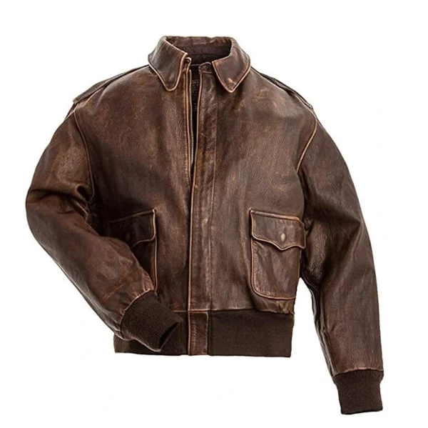 Aviator A-2 Flight Jacket Distressed Brown Real Cowhide Leather Bomber Jacket product image from front.