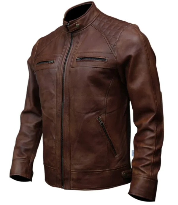 Men Cafe Racer Biker Brown Sheepskin Leather Jacket Product image from front.