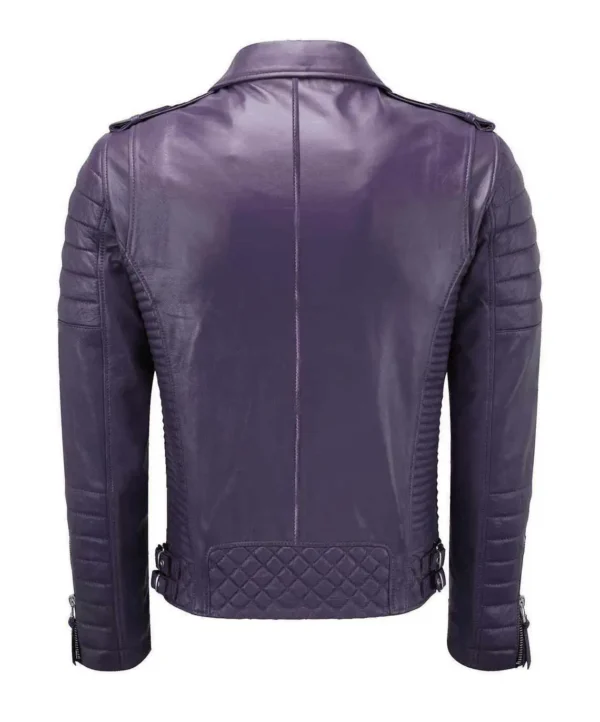 Men Motorcycle Café Racer Bomber Purple Biker Leather Jacket Product image from back.