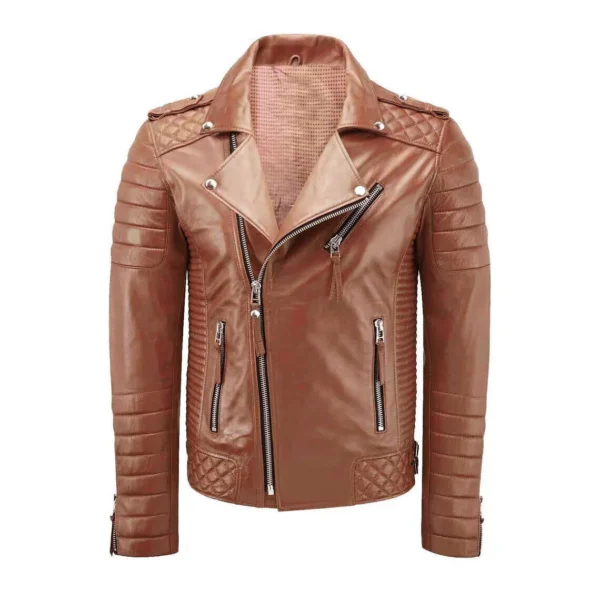 Men Tan Biker Leather Jacket product image from front.