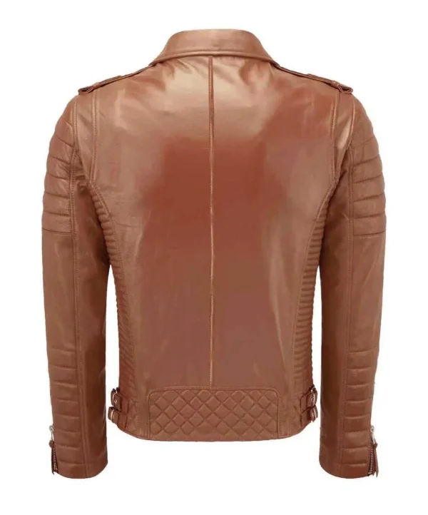 Men Tan Biker Leather Jacket product image from back.