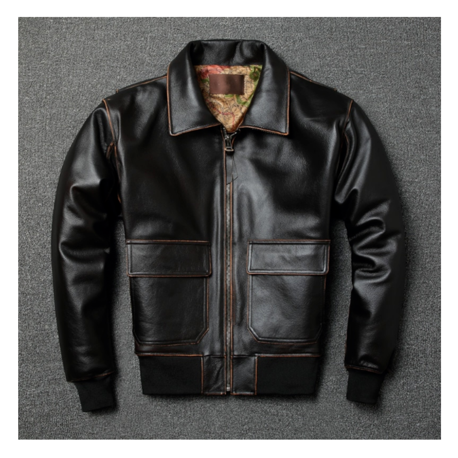 Men's Black A-2 Aviator Biker Western Flight Bomber Retro Real Leather jacket product image from front.