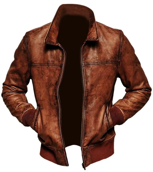 Men Brown Vintage Motorcycle Bomber Leather Jacket Product Image from front