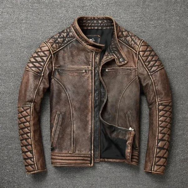 Men Vintage Cafe Racer Goatskin Leather Jacket Product Image from front