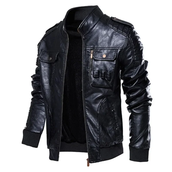 Men Genuine Black Bomber Leather Jacket Product Image from front