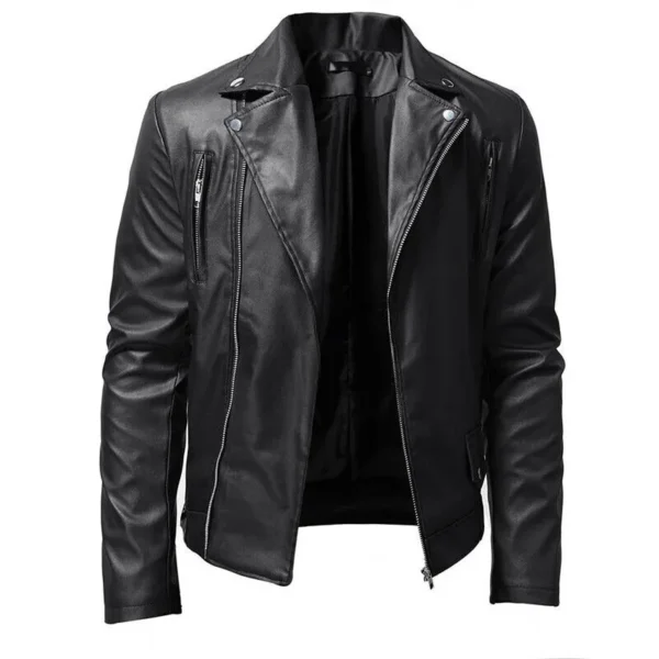 Men Cafe Racer Sheepskin Black Leather Jacket Product image from front