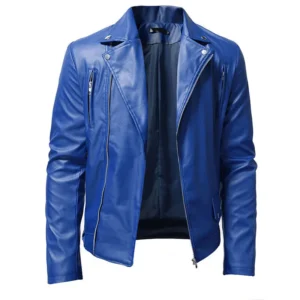 Men Cafe Racer Sheepskin Blue Leather Jacket