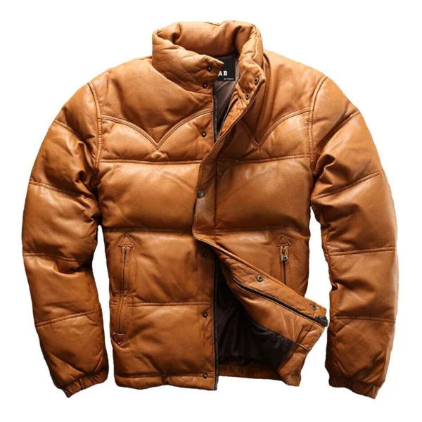 Men Leather Puffer Bomber Jacket front