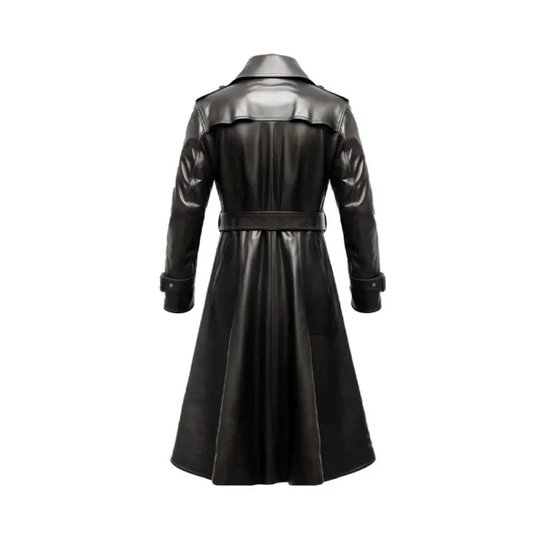 Men's Black Long Lambskin Leather Trench Coat - Image 2