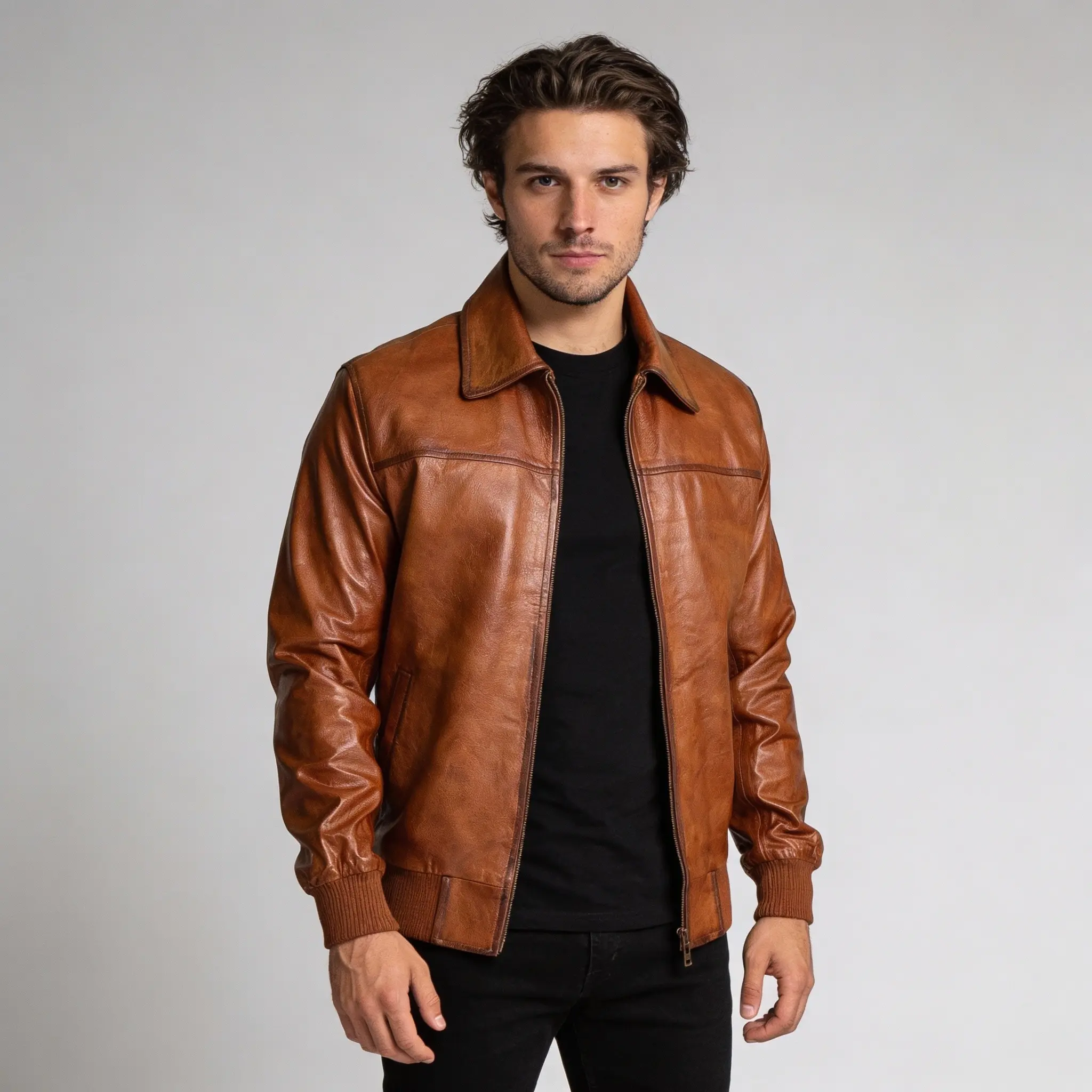 men-brown-vintage-motorcycle-bomber-leather-jacket-open-front