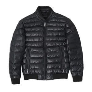 Men lambskin Black Puffer Bomber Leather Jacket