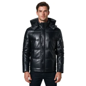 Men’s Lambskin Hooded Puffer Leather Jacket