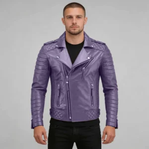 Men’s Motorcycle Cafe Racer Bomber Purple Biker Leather Jacket