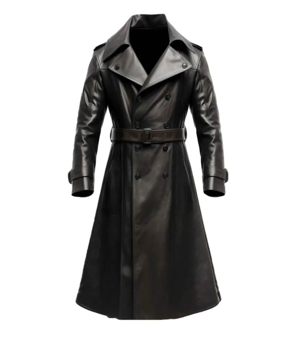 Men Black Long Lambskin Leather Trench Coat from front