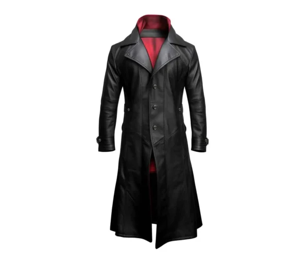 Men Genuine Goatskin Black Leather Trench Coat Product Image from Front